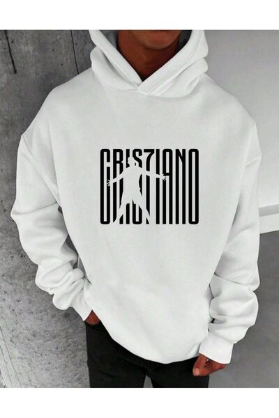 NoVibe Hanorac de iarnă cu glugă supradimensionat, alb, unisex, imprimat CR7 ...