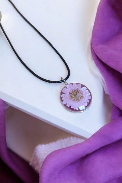 MGA DOĞAL TAŞ Purple Flower Model - Epoxy Leather Necklace, Original Sturdy with String (2 Necklaces)