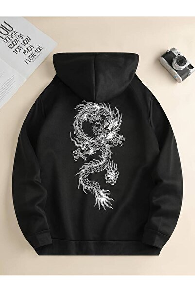 NoVibe Unisex Dragon Printed Oversize Hooded Cotton Hoodie - Χειμερινό φούτερ...