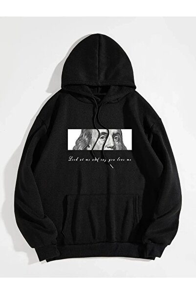 NoVibe سويت شيرت بقلنسوة أسود كبير الحجم مطبوع للجنسين من Look At Me