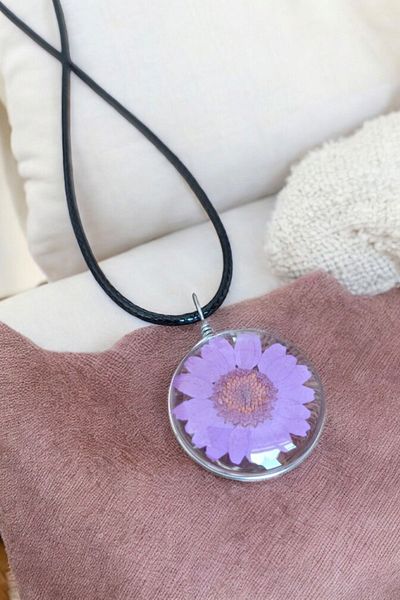 MGA DOĞAL TAŞ Purple Flower Model - Epoxy Leather Necklace, Original Sturdy with String (2 Necklaces)