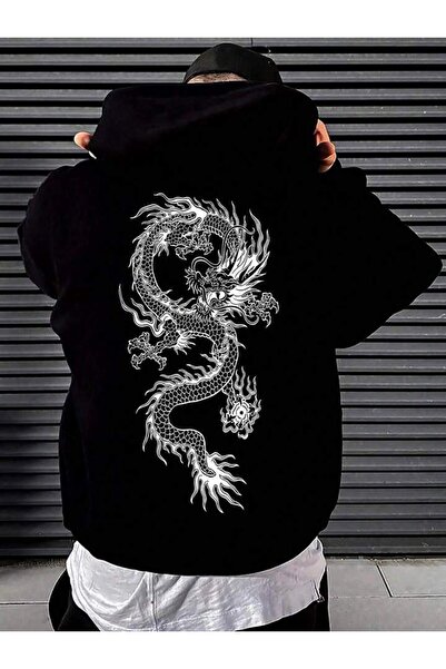 NoVibe Φούτερ με κουκούλα Unisex Oversize Dragon Printed Cotton Hooded - Wint...