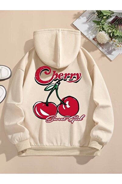 NoVibe Hanorac oversize de iarnă unisex cu imprimeu cireșe - 3 fire 100% bumb...
