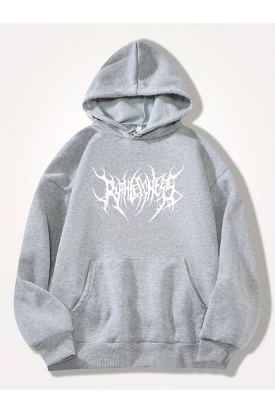 NoVibe Hanorac cu glugă supradimensionat unisex cu imprimeu Ruthless gri