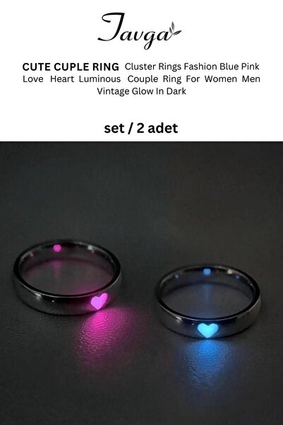 TAVGA 2li Silver Couple Ring Neon Işıklı Sevgili Aşk Yüzük Seti Mavi Ve Pembe