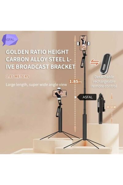 Asfal Çift Işıklı Çantalı Kumandalı 185 Cm Alüminyum Telefon ve Kamera Tripod...
