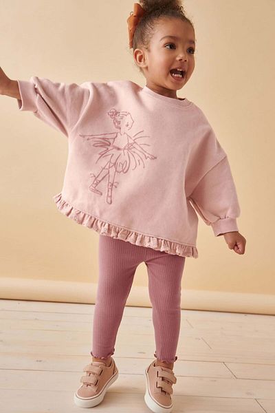 Next Baby Pink Ballerina Patterned Cotton Long Sleeve Suit Set