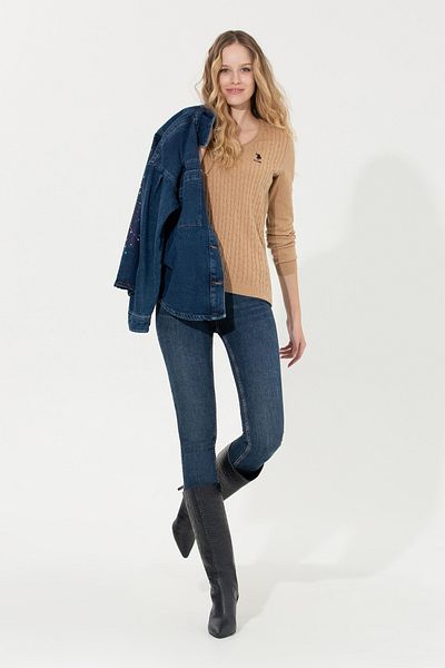 U.S. Polo Assn. Camel Melange Women's Sweater - V-Neck, Basic Model