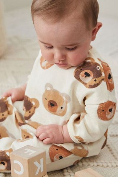 Next Baby Teddy Bear Patterned Cotton Long Sleeve Suit Set - Cream
