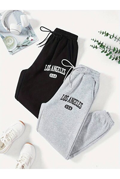 Elvino لوس أنجلوس مطبوعة - بنطال رياضي شتوي من القطن باللونين الرمادي والأسود