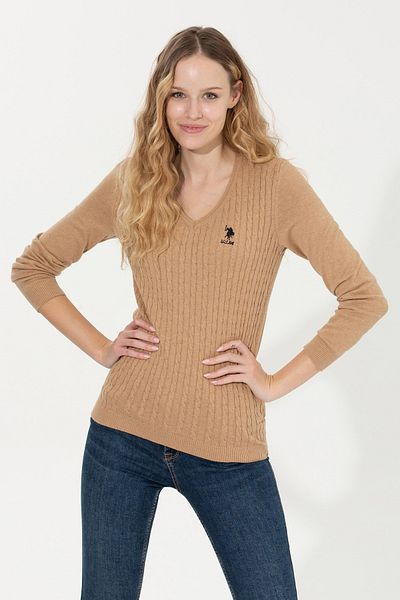 U.S. Polo Assn. Camel Melange Women's Sweater - V-Neck, Basic Model