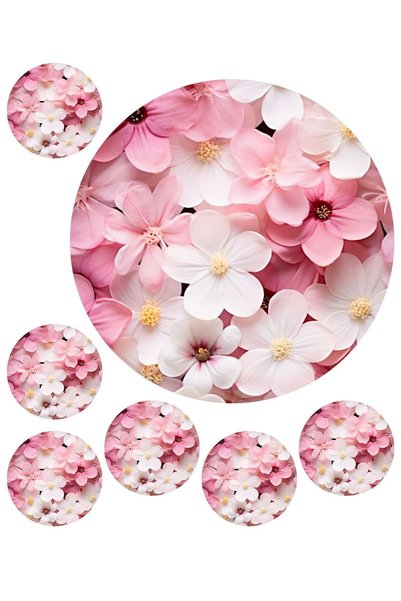 Atölye7Tasarım Pink Flowers Pink - 7 Pieces A4 Edible Ornament Pastry Cookie Sugar Dough Paper Print