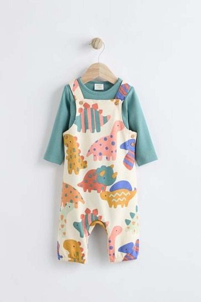 Next Baby Dinosaur Patterned Cotton Baby Bodysuit and Bodysuit Salopet Set