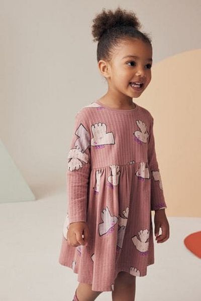 Next Baby Long Sleeve Natural Bird Patterned Cotton Dress
