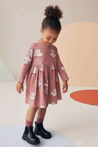 Next Baby Long Sleeve Natural Bird Patterned Cotton Dress