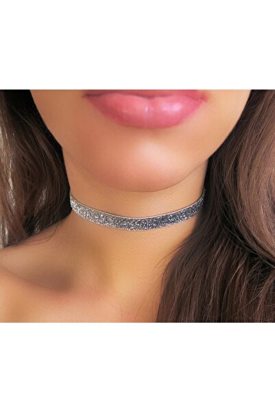 Nishstyle 1 Cm Simli Gümüş Renk Kadın Choker Kolye