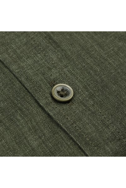 Germirli Yeşil Düğmeli Yaka Tailor Fit Delave Keten Gömlek