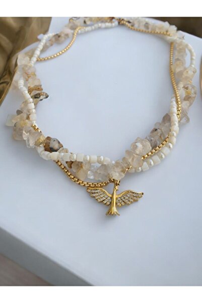 YUFAN METAL SİTRİN VE KRİSTAL KUVARS ANKA KUŞU 3 SIRA KOLYE