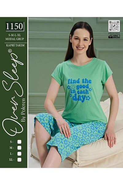 Over Sleep by Poleren Set de pijamale Capri cu mânecă scurtă, colorat verde-albastru, pentru femei