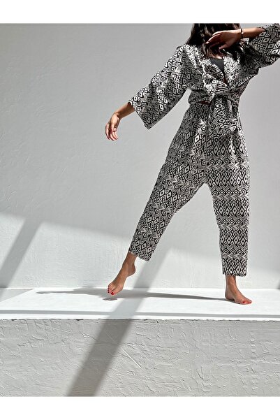 HANGOUT Kısa Kimono - Black Ethnic, Flam Keten