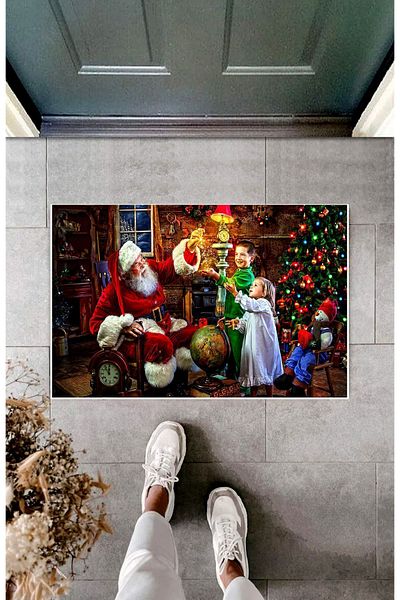 Şah Dekor Christmas Themed Santa Claus Figured Red Green Colored Digital Printed Bath Mat 50x70