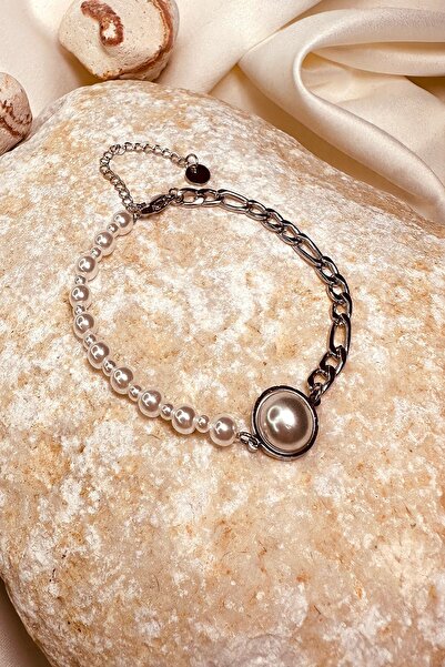 MOONİ ACCESSORİES تصميم مخصص - سوار سلسلة من حبوب اللؤلؤ الفولاذية، لون فضي ف...