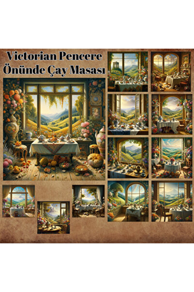 Pink Swan Craft طاولة شاي عتيقة مكونة من 12 قطعة أمام النافذة - مجموعة ملصقات...