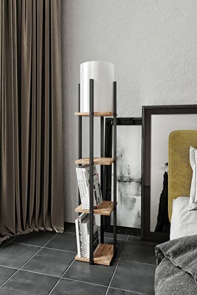 MARKADEKOR Siyah Ayaklı Ahşap Raflı Lambader