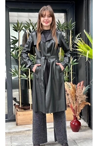 ayakuydur Kadın Siyah Kuşaklı Deri Trençkot