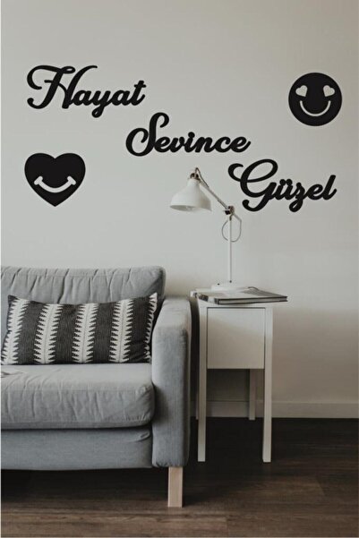 MODAT Hayat Sevince Güzel Duvar Yazısı Ahşap Duvar Tablosu + Mutlu Kalp Smile