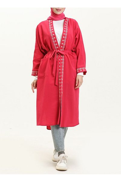 Lavanta Tekstil Linen Hijab Kimono - Embroidery Detailed