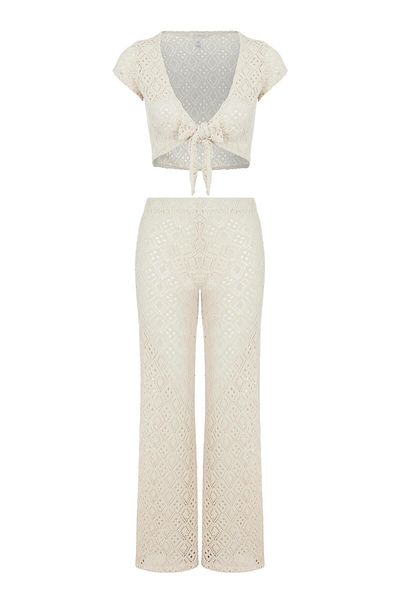 AQUELLA Crop-Top Trousers Cream Crocheted Double Set