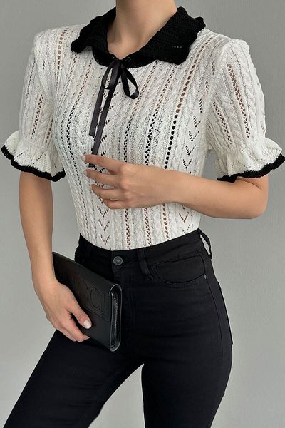 De Pose Tricot alb pentru femei, cu mânecă scurtă, tricot de păr ajurat