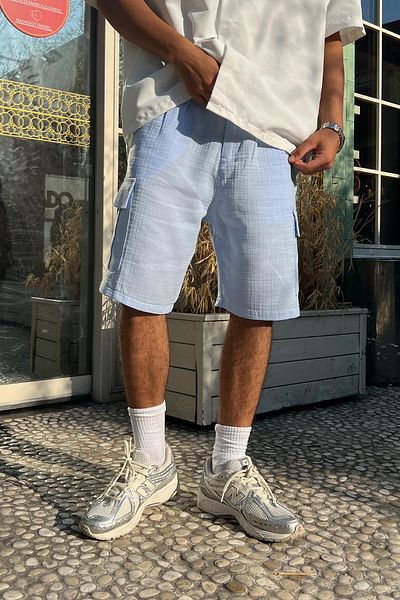 Flaw Wear شورت كتان أزرق فاتح - أحدث طراز مع جيب للشحن
