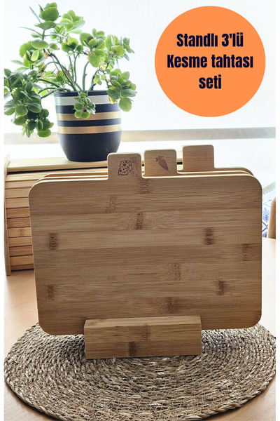 BRE HOME Bambu standlı 4 parça kesme tahtası seti