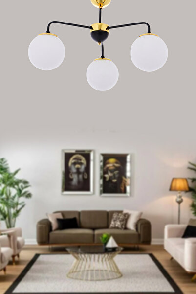 Step Aydınlatma Mai Beyaz Opal Camlı Gold-Siyah 3'lü Modern Avize Modeli Salo...