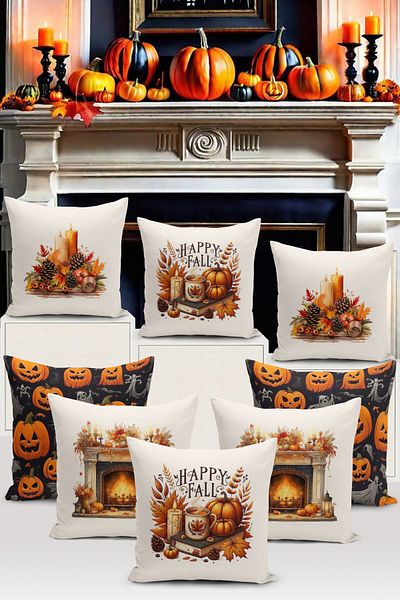 Bertille Home Autumn Series - Double Sided Digital Printed 8-Piece Throw Pillow Set (Halloween)