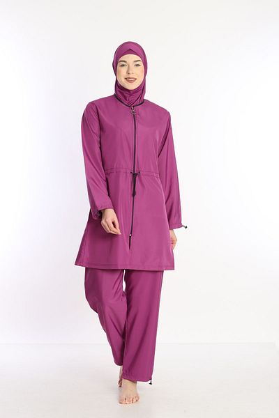 Sonne's Light Purple 4 Pieces - Quick Dry Zippered Hijab Swimsuit with Water Repellent