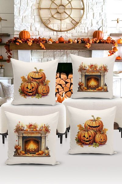Bertille Home Autumn Series - Double Sided Digital Printed 4-Piece Throw Pillow Set (Halloween Weight)