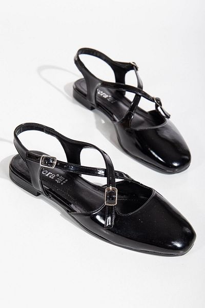 DE PLEIN Lisabona din piele neagră lacuită - pantofi retro pentru femei, cu benzi reglabile în cruce
