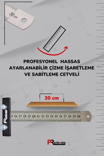 pratikmen Hassas Ayarlanabilir Çizme, İşaretleme Ve Sabitleme Cetveli 30 Cm