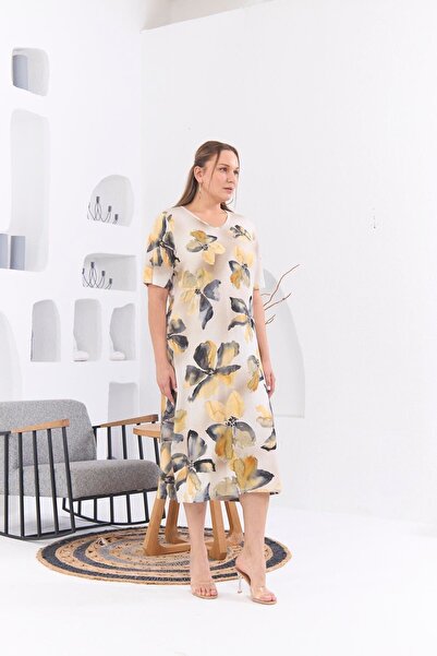 Imagine Giyim Bahar Esintisi: Kadın Çiçek Desenli Büyük Beden Viskon Tiril Tiril Kumaş Sarı Elbise