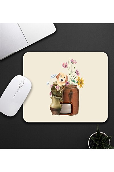 HobiShop Bej Renk Köpek Ve Çiçek Motifli Mouse Pad 23x19cm Fare Altlığı Kaydı...