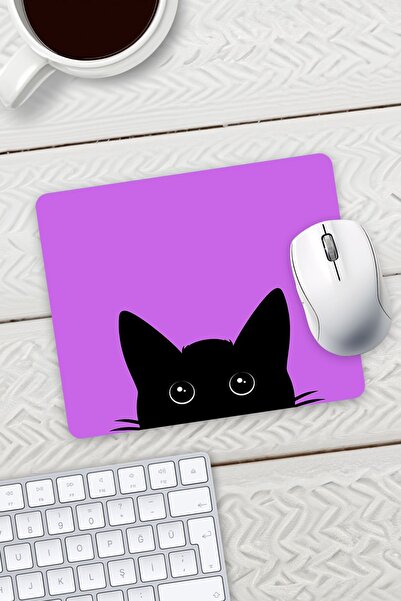 HobiShop Mor Renk Kedi Baskılı Mouse Pad 23x19cm Fare Altlığı Kaydırmaz Taban