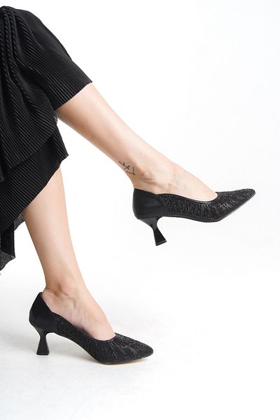 YADE MODA Black Stone Detailed Women's Evening Dress Heeled Shoes