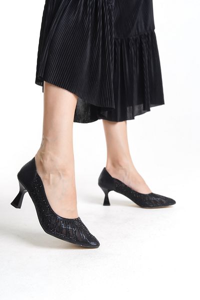 YADE MODA Black Stone Detailed Women's Evening Dress Heeled Shoes