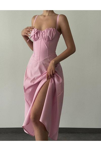 LOCH BUTİK Viral γυναικείο μίντι φόρεμα στο Pinterest - ροζ, με τιράντες