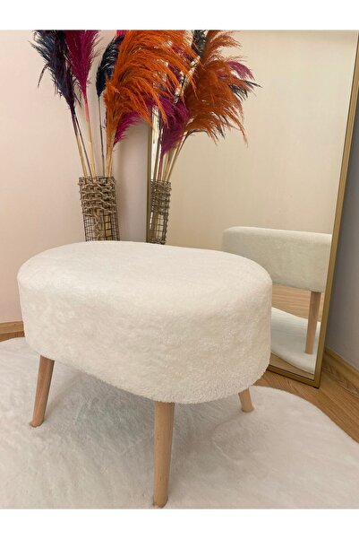 Bounteous Oval Model Ahşap Ayaklı Teddy Kumaş Dekoratif Puf