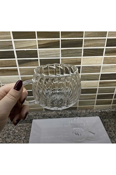 M Mimoza Park 2 ADET 300 ml Çizgili Desenli Isıya Dayanıklı Cam Kupa Kulplu B...