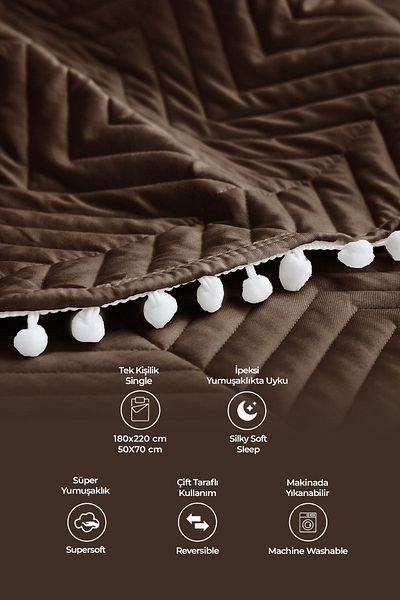 Evlen Home Collection طقم سرير فردي 100% قطن بوم بوم - كاجوال مملوء بالألياف، بني داكن